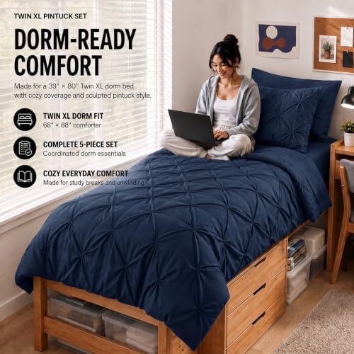 HIMEET Twin XL Comforter Set Navy Blue - 5 Pieces Pintuck Bed in a Bag