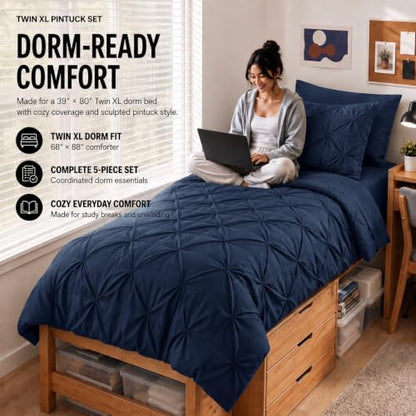 HIMEET Twin XL Comforter Set Navy Blue - 5 Pieces Pintuck Bed in a Bag