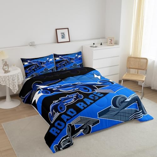 Erosebridal Race Car Full Size Bedding Set for Boys Sports Car Comforter Set Cool Racing Car Bed Set for Boys Girls Kids Man,Black Blue Race Cars Gamer Bedding Sets Car Bedroom Decor 3Pcs
