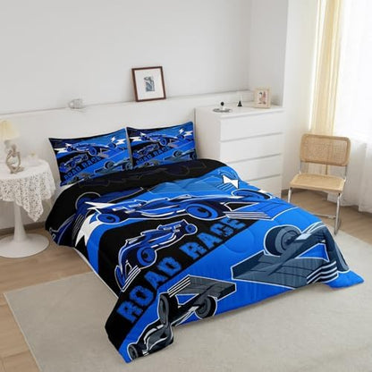 Erosebridal Race Car Full Size Bedding Set for Boys Sports Car Comforter Set Cool Racing Car Bed Set for Boys Girls Kids Man,Black Blue Race Cars Gamer Bedding Sets Car Bedroom Decor 3Pcs