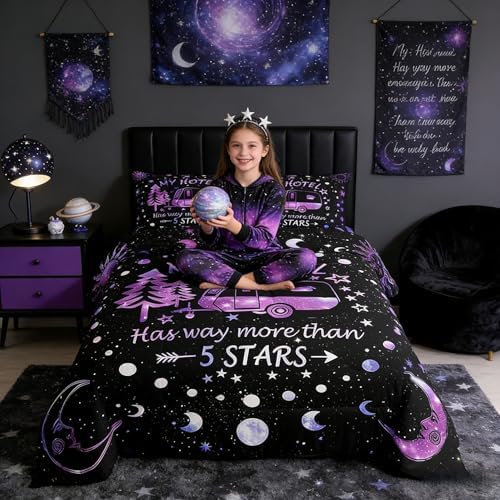 Camping Adventure Comforter Set Full Size,Camper RV Trailer Decor Bedding Set 3pcs for Kids Boys Girls Adults,Sun Moon Starry Sky Rustic Down Comforter,Purple Romantic Duvet Insert,2 Pillowcases