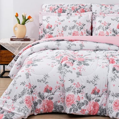 lasoftan Floral Queen Comforter Set with Sheets, 7 piece Luxury Vintage Bedding, Soft Microfiber Bed in a Bag, Cozy Lightweight Bed Set, Pink Flower Grey Leaf