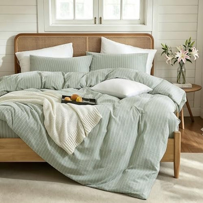 Striped Duvet Cover Set 100% Washed Cotton Linen Feel Queen