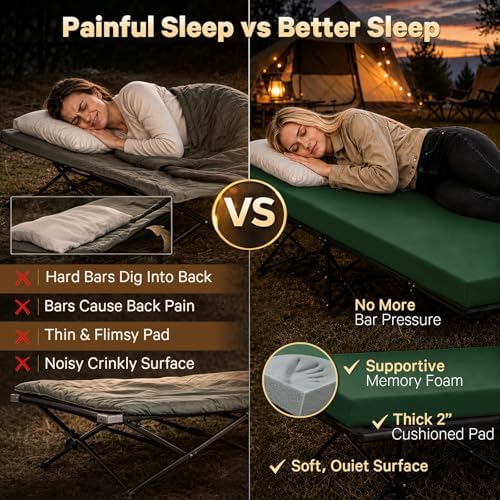 CYMULA Camping Cot Pad 2 Inch Memory Foam, Pad Only,Camping Pad for Folding Cot and Foldable Cot, Portable Roll Up Camp Gear for Car Camping Travel Tent, Non-Slip Waterproof Bottom, Removable Cover
