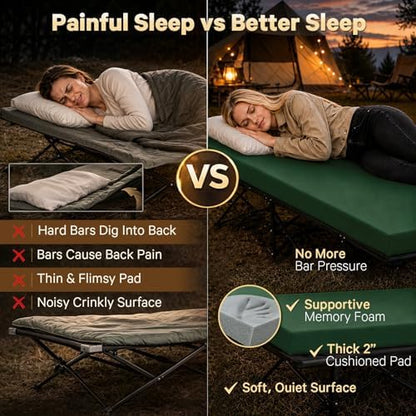 CYMULA Camping Cot Pad 2 Inch Memory Foam, Pad Only,Camping Pad for Folding Cot and Foldable Cot, Portable Roll Up Camp Gear for Car Camping Travel Tent, Non-Slip Waterproof Bottom, Removable Cover