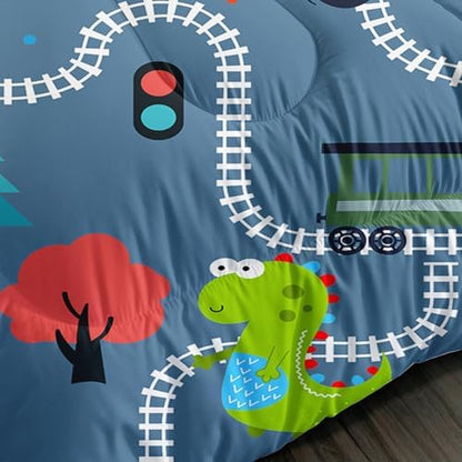 AILONEN Cartoon Train Comforter Set Full Size, Railroad Train Printed Bedding Set for Kids,Cute Dinosaur Comforter Set for All Season,3-Pieces,1 Comforter with 2 Pillowcases,Soft Machine Washable