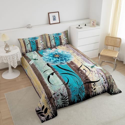 Manfei Blue Flower Comforter Set King Size, Boho Dragonfly Quilt Set with 2 Pillowcases, Vintage Wooden Board Bedding Set 3pcs for Kids Boys Girls Room Decor Botanical Floral Duvet Insert