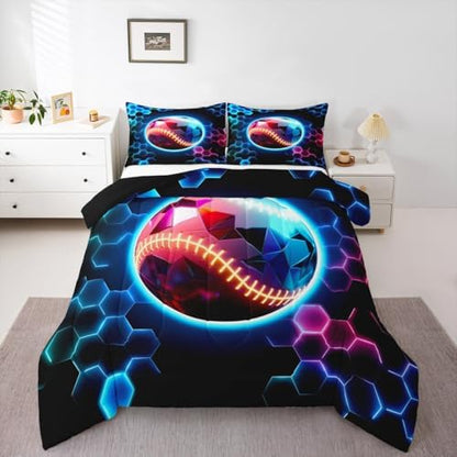 Erosebridal Baseball Bedding Sets King - 3D Glitter Ball Pattern Comforter Set for Kids Adults Colorful Neon Honeycomb Duvet Insert Geometric Hexagon Quilt