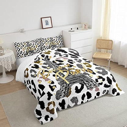 Feelyou Eiffel Tower Comforter Set Leopard Print Bedding Set for Kids Boys Girls Paris Tower Comforter Cheetah Print Quilt Set 1 Comforter Set with 2 Pillowcases Full Size