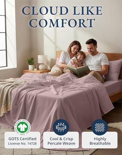 LANE LINEN King Sheets 100% Organic Cotton Percale Cooling Soft 4pc - Lilac
