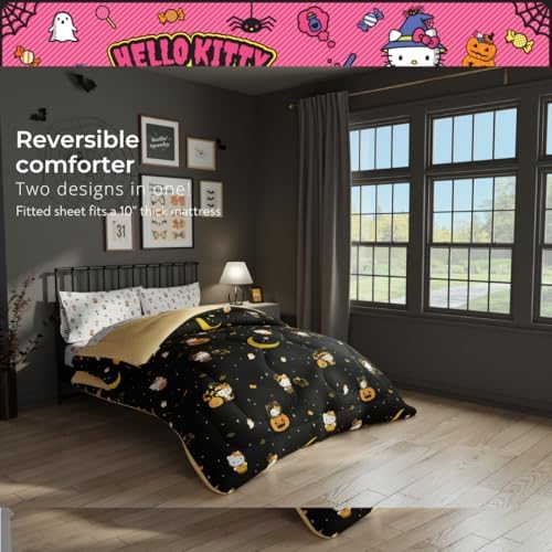 Sanrio Hello Kitty Halloween Pumpkin Queen Bed Set – Super Soft & Cozy 5 Piece Reversible Comforter and Sheet Set (Officially Licensed Product) by Franco
