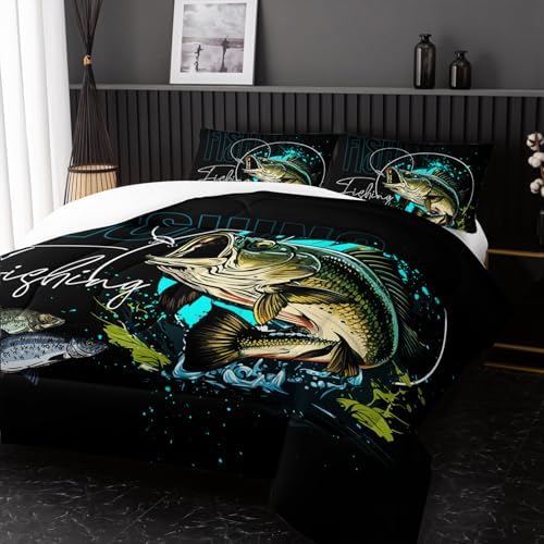 Nttopship Big Pike Fish Bedding ，Hunting and Fishing Brown Green Bedding Set Themed Comforter Set for Kids Boys Room Decor, King Bed in a Bag for Teens with 2 Pillowcases