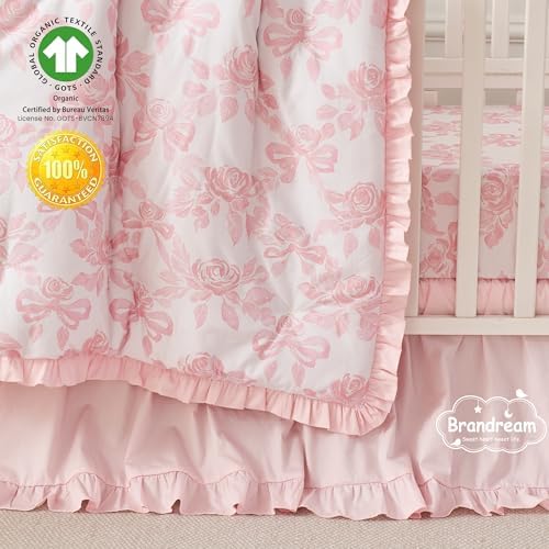 Brandream Organic Cotton Crib Bedding Set for Girls 3 Pieces Baby Boho Ruffled Quilted Comforter with Fitted Sheet, Bed Skirt - Cute French Cottage Botanical Rose Bow Baby Bedding, Light Pink