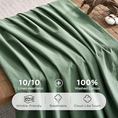 JELLYMONI 100% Washed Cotton Dusty Green Duvet Cover Full, Linen-Like