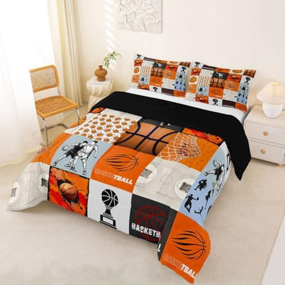 Erosebridal Basketball Comforter Set for Kids Boys Girls Sports Patchwork Bedding 3D Printed Basketball Duvet Set Ball Games Comforter King with 2 Pillowcases