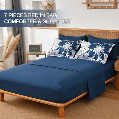 Anibedding Navy Floral Comforter Set King Size 7 Piece, Blue Flower Bed in a Bag, Elegant Botanical Floral Comforter Soft Microfiber Complete Bedding Set for All Season, (Navy Blue, 104"x90")