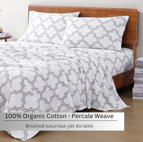 LANE LINEN King Sheets 100% Organic Cotton 4pc Percale Cooling - Trellis