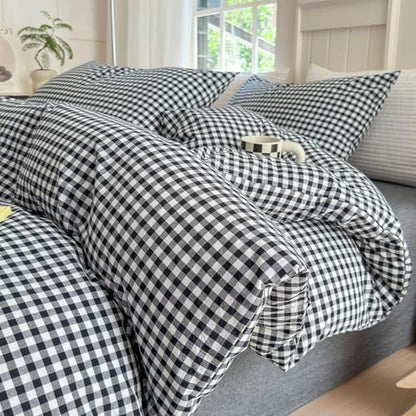 LifeTB Black Gingham Comforter Set King Geometric Checkered Plaid Comforter Set 3 Pieces Boho Grid Comforter with 2 Pillowcases Fluffy Soft Checkered Pattern Lightweight Gingham Bedding Set King