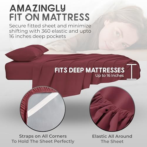 Split King Sheets Set with 2 Twin XL Fitted Sheet - 5 Piece Bedding - Wrinkle Free, Fade Resistant, Double Brushed Microfiber - Deep Pockets/Easy Fit (Burgundy)