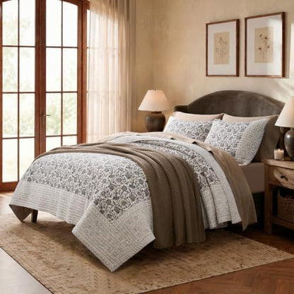 EverGrace 100% Cotton Floral Quilt Set, King Size, Taupe Warm Gray 110"×92"