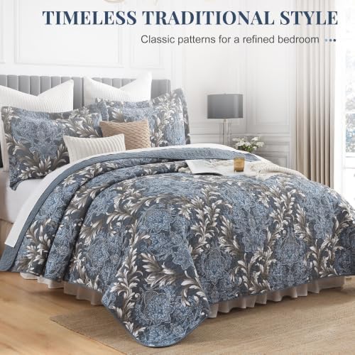 100% Cotton Reversible Quilt Set, Classic Damask, Blue & White, King Size