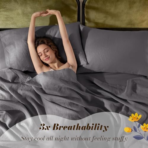 SONORO KATE 100% French Linen King Size Sheets Set,Natural Flax Bedding