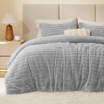 BEDELITE Faux Fur King Size Comforter Set, Fluffy Bed Set, Light Grey