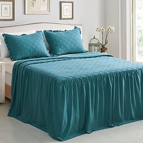 CHIXIN Ruffle Skirt Bedspread - 30" Long Drop, Shabby Chic Style Bedding, Lightweight, 3 Piece Set, Cal King Size, Lagoon