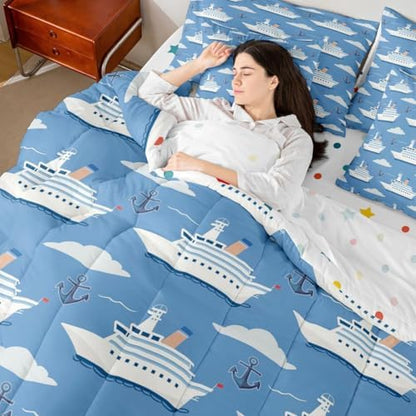 Erosebridal Boys Nautical Sailboat 7 Pieces Bedding Set Twin, Ocean Ship Comforter Set with Sheets, Boat Anchor Bed in A Bag, White Cloud Blue Sky Nautical Bed Sets for Kids Teens Youth Men Bedroom