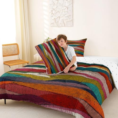Castle Fairy Rainbow Embroidered Waves Comforter/Duvet Set King Size,Boho Wavy Ultra Soft Bed Collection,Tribal Ethnic Geometric Bedding for Room Decor 3 Pcs,Microfiber Breathable