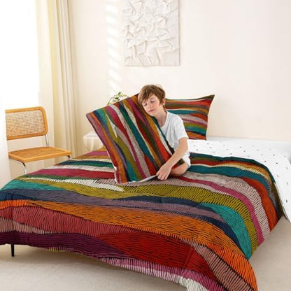 Castle Fairy Rainbow Embroidered Waves Comforter/Duvet Set King Size,Boho Wavy Ultra Soft Bed Collection,Tribal Ethnic Geometric Bedding for Room Decor 3 Pcs,Microfiber Breathable