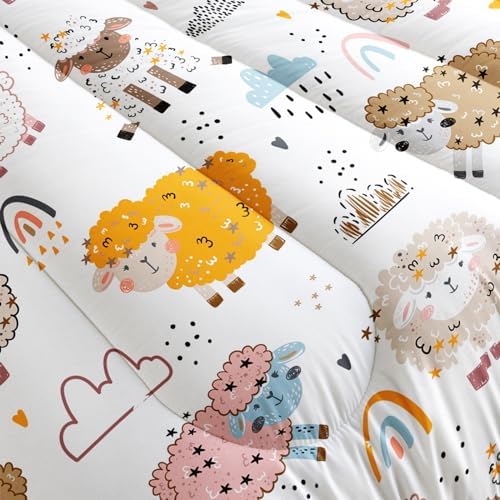 Nttopship Cute Cartoon Sheep Comforter Set Full Size,100% Soft Ultra-Fine Fiber Four Season Cloud Rainbow Comforter Set for Kids with 1 Comforter and 2 Pillow Case