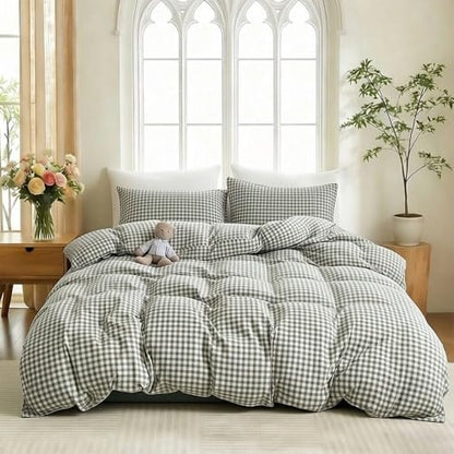 Gingham Duvet Cover Set 3 Piece 100% Washed Cotton Linen Feel Modern Plaid Checkered Bedding Comfy Breathable (Green/White Gingham, King)