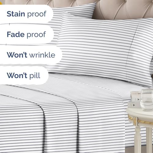 King 4 Piece Striped Sheet Set - Breathable & Cooling - Nautical Pinstripe