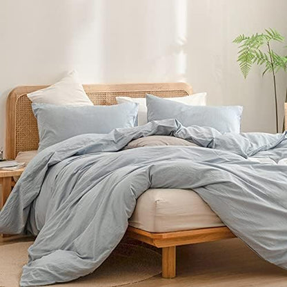 BESTOUCH Cotton Solid Duvet Cover Set Linen Feel Cornflower Blue Twin