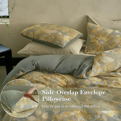 Simple&Opulence Muslin Duvet Cover Set King Size, 100% Washed Cotton 3 Pieces Yarn-Dyed Vintage Yellow Floral Jacquard Textured Bedding, Soft & Breathable Gauze Comforter Cover with Zipper Closure