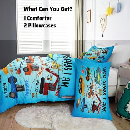Boys Construction Vehicles Truck Comforter Set Full,Christian Kids God Says I Am Construction Bedding Set,Car Excavator Tractor Bedroom Set（1 Comforter 2 Pillowcase） Blue