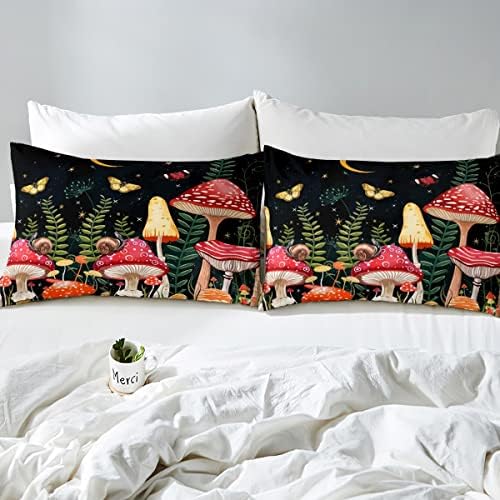 Feelyou Kids Mushroom Bedding Set Natural Wild Fungus Comforter Set for Kids Boys Girls Botanical Plants Duvet Set Butterfly Comforter 1 Comforter Set with 2 Pillowcases Queen Size