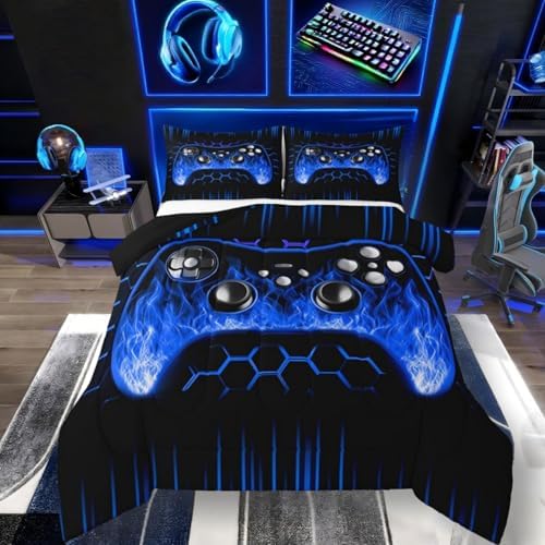 Erosebridal Ombre Art Honeycomb Gaming Comforter Sets for Boys Blue Neon Lights Game Consoles King Bedding Set Geometry Hexagon Beehive Bed Set Gamer Decor for Boys Bedroom Decor
