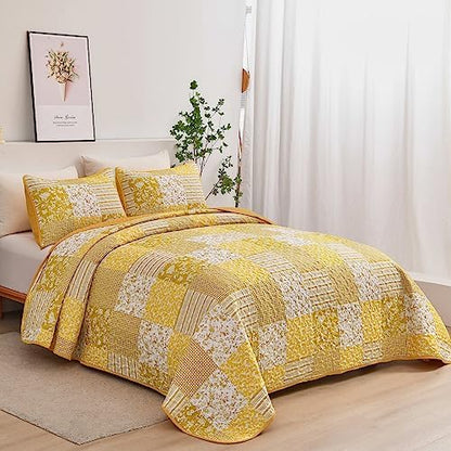 Mybedsoul Boho Quilts Queen Size, Floral Patchwork Fall Bedding Set, Yellow
