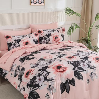 Yogeneg Queen Comforter Set 7 Piece Bed in a Bag,Pink Black Floral Botanical Pattern Blush Bedding Set,Soft Microfiber Comforter with Sheet Set,All Season Bed Set(Pink Black,Queen)