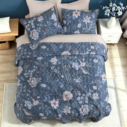 Litanika Floral Navy Quilt Oversized King - 3Pcs Botanical Birds Bed Set