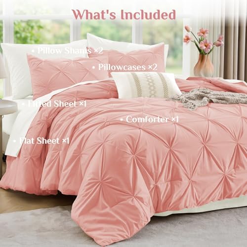 JOLLYVOGUE Queen Comforter Set 7 Pieces - Bed in a Bag Queen for All Season, Pintuck Bedding Comforter Sets with Comforter, Flat Sheet, Fitted Sheet and Pillowcases & Shams, Pink & Ivory