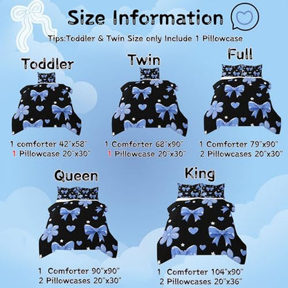 jejeloiu Bow Comforter Set All Season Bowknot Bedding Set with 2 Pillow Cases Black Blue Microfiber Kids Full Bedclothes Bow-tie Bedroom Decor Duvet Quilt Breathable Soft Lightweight