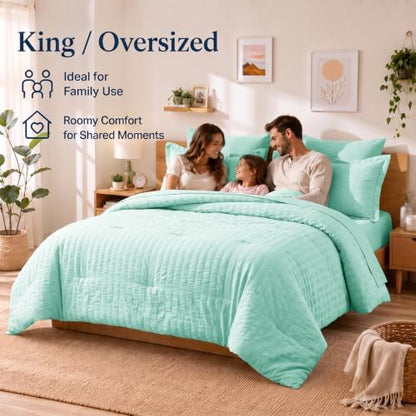 CozyLux King Size Comforter Set 7 Pieces Mint Green Seersucker Bed in a Bag