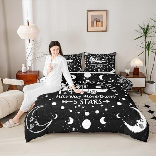Happy Camping Comforter Set Full Size,Camper RV Trailer Decor Bedding Set 3pcs for Kids Boys Girls Adults,Sun Moon Starry Sky Romantic Down Comforter,Black White Unique Duvet Insert,2 Pillowcases