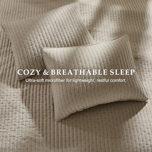 WDCOZY Dark Beige Cross Stitch Queen Size Quilt Set, Striped Lightweight Soft Bedspread, Tan Channel Farmhouse Rustic Coverlet, All Season Country Bedding, Thin Comforter