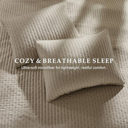 WDCOZY Dark Beige Cross Stitch Queen Size Quilt Set, Striped Lightweight Soft Bedspread, Tan Channel Farmhouse Rustic Coverlet, All Season Country Bedding, Thin Comforter