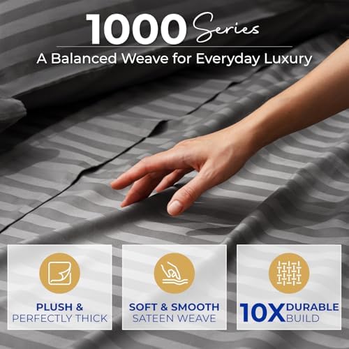 THREAD SPREAD Egyptian Cotton Sheets King Size - 1000 Series High Thread Count Cotton King Size Sheets Set (4 PC, Dark Grey - Stripe) 16" Snug Fit Deep Pocket, Sateen Ultra-Soft Hotel Luxury Sheet Set
