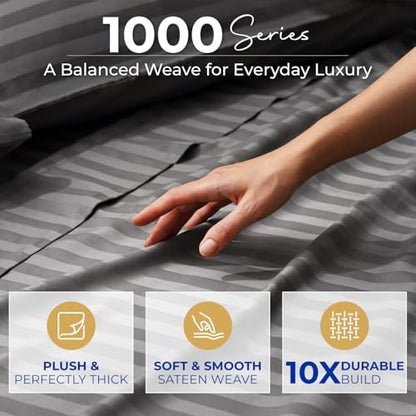 THREAD SPREAD California King Bed Sheets, Luxury 1000 Series Paradise Collection 100% Egyptian Cotton Damask Striped Cal King Sheets Set (4 PC, Dark Grey Stripe), 16" Deep Pocket Hotel Sheet Set